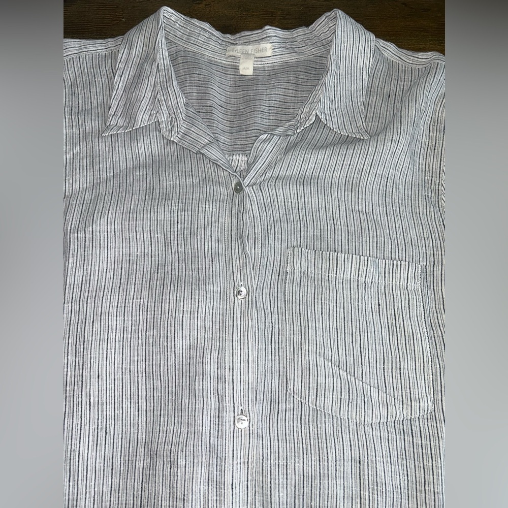 EILEEN FISHER Mini Striped white and dark gray stripes Organic Linen Shirt - Picture 5 of 10